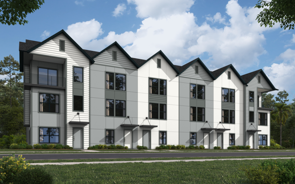 daytime rendering of 6-unit townhomes, each are 3-levels, at Johnson Commons in Jacksonville, FL